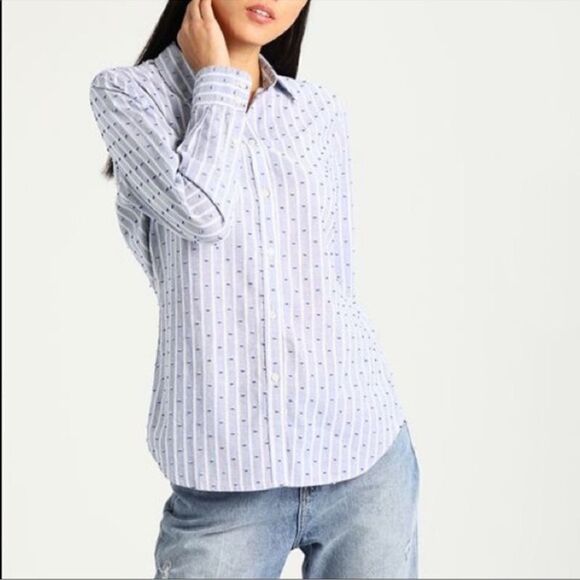 GAP M White Red Vertical Stripes Blue Swiss Dot Americana Fitted Boyfriend Shirt - Picture 13 of 14